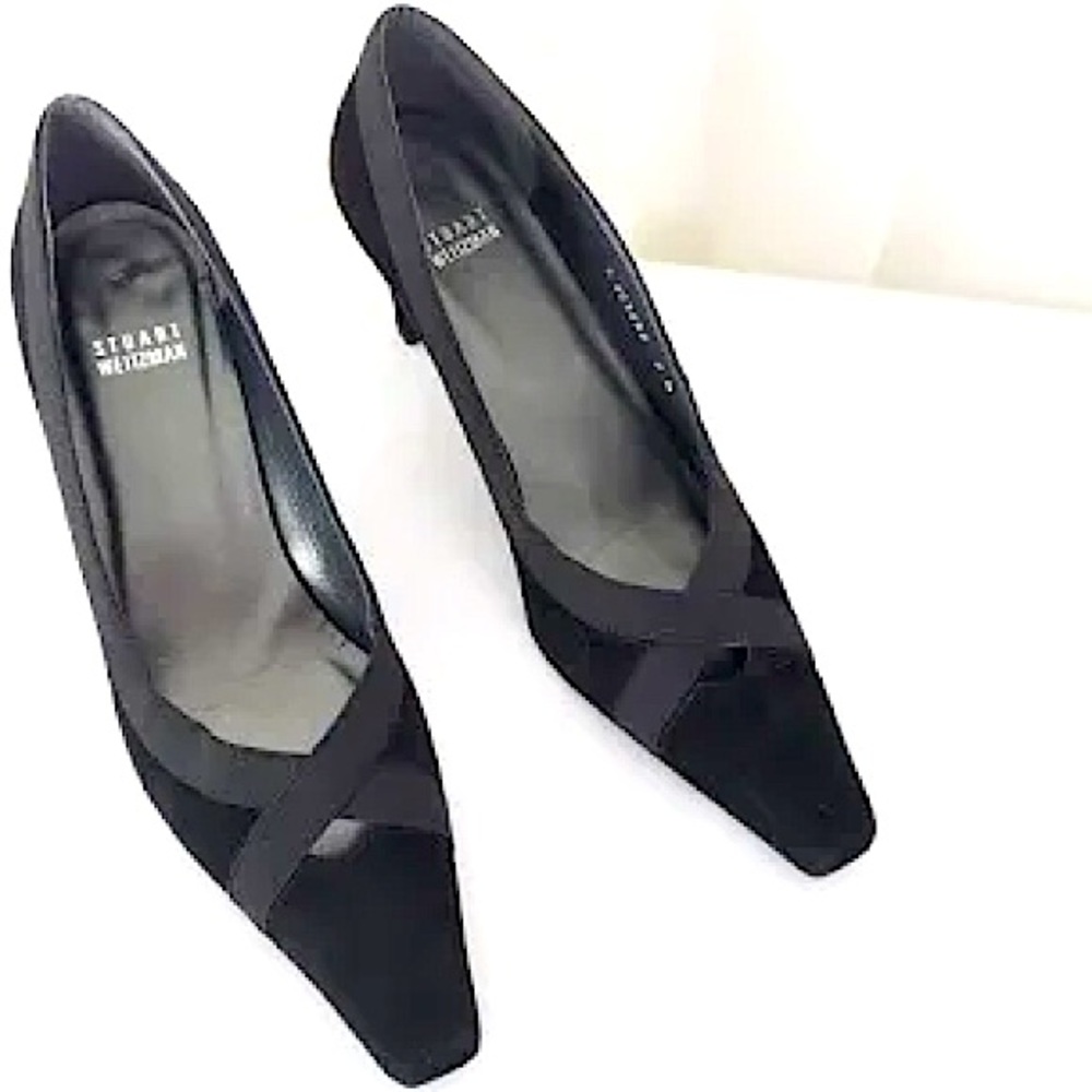 STUART WEITZMAN 100% Suede Cross Grain Ribbon Shoe-Size 9.5/2.5 Inch Heel/Black